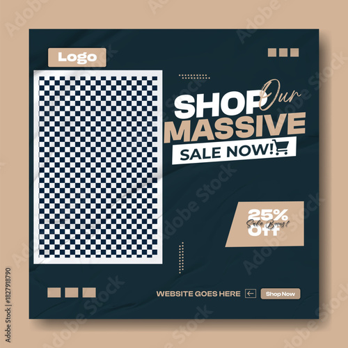 Stylish man in a suit jacket posing for a massive sale advertisement with shop now and discount offers