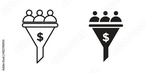 Sales funnel icon with line and silhouette versions.
