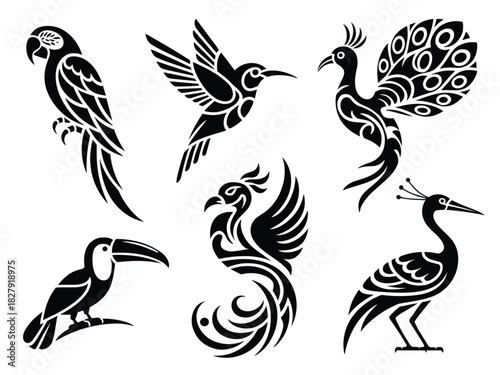 Stylized Black and White Exotic Birds Vector Collection Featuring Parrot, Hummingbird, Peacock, Cockatoo, Toucan, and Ibis in a Decorative Tribal Graphic or Tattoo Style.