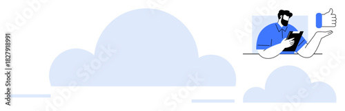 User holding tablet, displaying thumbs-up gesture against a backdrop of interconnected cloud shapes. Ideal for technology, cloud storage, approval, digital interaction, remote work, computing, IT