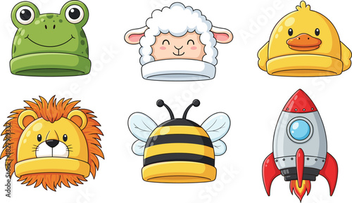 Cute animal hats set, funny cartoon beanies collection, frog sheep lion duck bee caps, space rocket ship toy, vector illustration for kids.