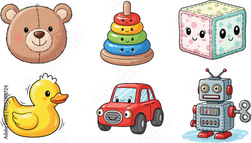 Cute kids toys set, vector illustration collection with teddy bear, rubber duck, robot, red car, colorful pyramid, soft block for nursery design.