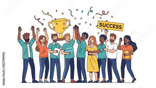 Excited diverse team celebrating a major victory and achieving success with a golden trophy and confetti