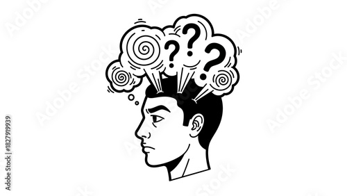 Conceptual artwork showing mental confusion, inquiry, and contemplation within a stressed mind