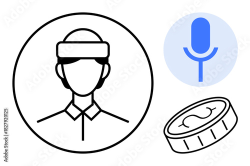 Person with headgear, microphone icon, and coin signifying technology, voice interaction, rewards. Ideal for fitness, gamification, AI training, digital assistance tech advancement innovation