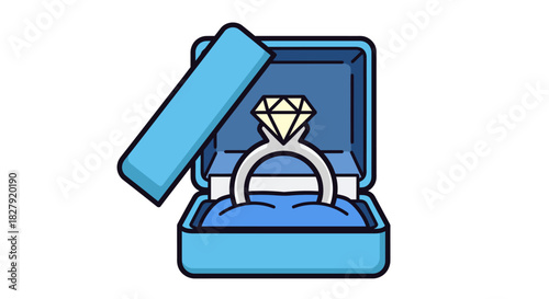 Elegant diamond engagement ring in an open blue jewelry box icon