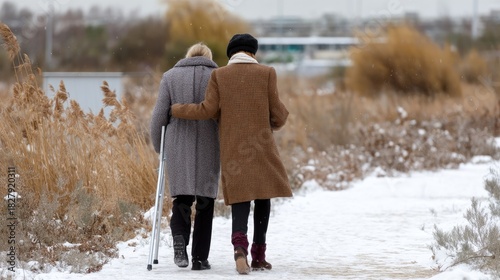 Two senior women use walking aids as they stroll down a snowy path, surrounded by trees in a peaceful winter setting