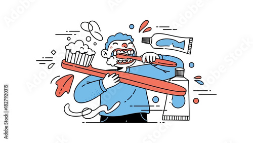 Whisk e74573460a9f5918dd74bb93a61d5fb4dr eps illustration of a happy man brushing his teeth with a toothbrush and toothpaste