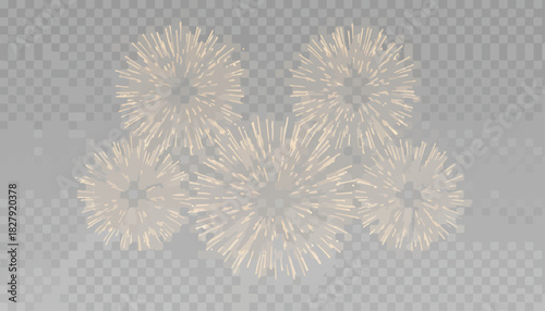 Multiple golden fireworks bursts illuminating a festive night sky