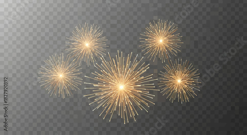 Golden fireworks explosions on transparent background for celebration events