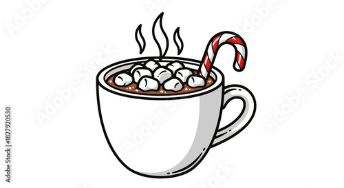 Cozy Hot Chocolate Mug with Fluffy Marshmallows and Festive Candy Cane