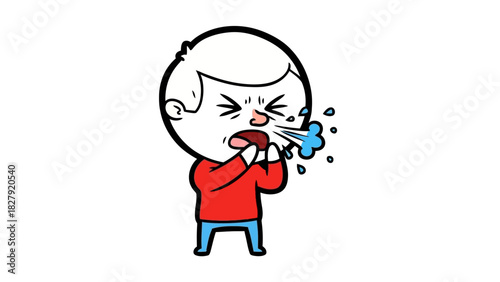 Hand-drawn cartoon illustration of a person caught in a forceful sneeze, highlighting common cold symptoms and the importance of covering the mouth