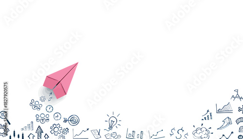 Pink paper airplane flying over business doodles, isolated on white background