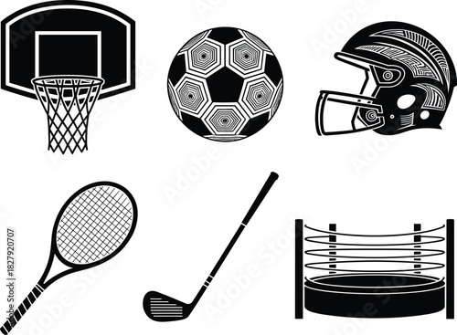Black and White Vector Collection of Popular Sports Equipment Icons Including Basketball Hoop, Football Helmet, Soccer Ball, Tennis Racket, Golf Club, and a Classic Boxing Ring Design.