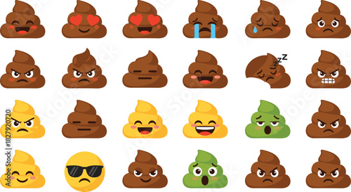 Cute poop emoji vector set featuring multiple facial expressions, emotions, and colorful variations for messaging, stickers, playful designs, and fun digital illustrations.