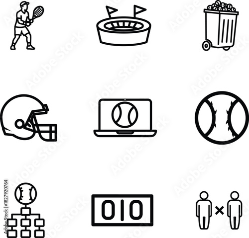 Diverse Sports and Games Icons Representing Teamwork Competition Technology and Stadium Views Black and White Theme Suitable for Website Design
