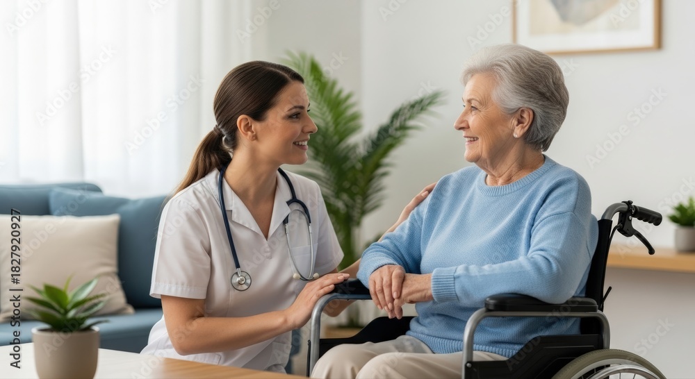 Obraz premium Professional caregiver offers compassionate assistance to smiling senior woman in wheelchair, promoting health and happiness in a modern home