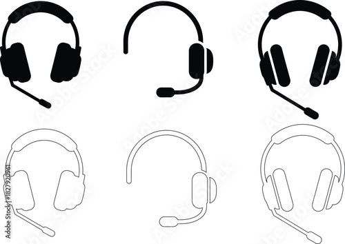 Headset and Microphone Vector Icon Set – Customer Support and Call Center Symbols