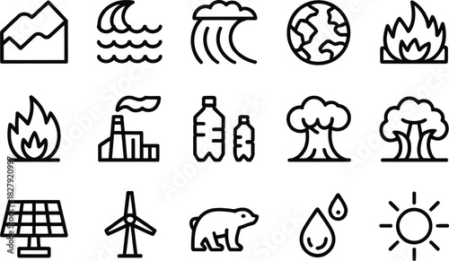 Collection of environmental icons representing nature pollution renewable energy and climate change in a simple black and white line art style