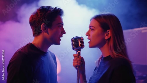 Young caucasian couple singing a passionate duet into a vintage microphone on stage. Male and female vocalists performing a love song together during a live concert