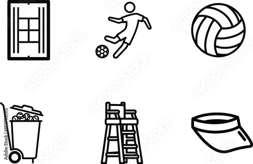 Sports Equipment and Activity Icons Depicting Tennis Court Soccer Player Volleyball Tennis Balls Referee Chair and Visor for Athletic Pursuits and Training Sessions