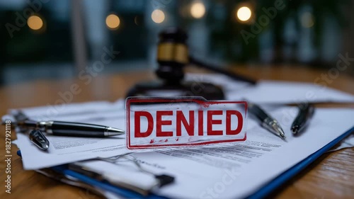 213Overhead view of paperwork with vivid red DENIED stamp, scattered documents and pens around, emphasizing an unfavorable bureaucratic outcome