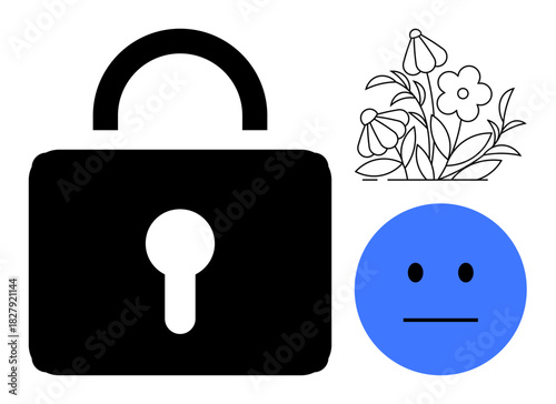 Black padlock, neutral blue face, and stylized flowers represent security, emotional states, and nature connection. Ideal for privacy, emotions, eco-balance, mood online safety serenity simple