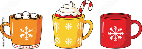 Cute winter holiday mugs vector illustration featuring cozy hot drinks with snowflake patterns, marshmallows, whipped cream, and festive Christmas seasonal design elements.