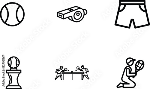 Sports equipment and activities icons featuring tennis ball whistle shorts ping pong players trophy and tennis player in black and white outline drawing