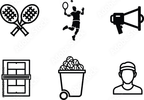 Tennis Icons Set Featuring Player Rackets Balls Court Referee and Megaphone Depicting Different Aspects of the Sport and its Equipment Showcasing Competitive Spirit and Athletic Activity