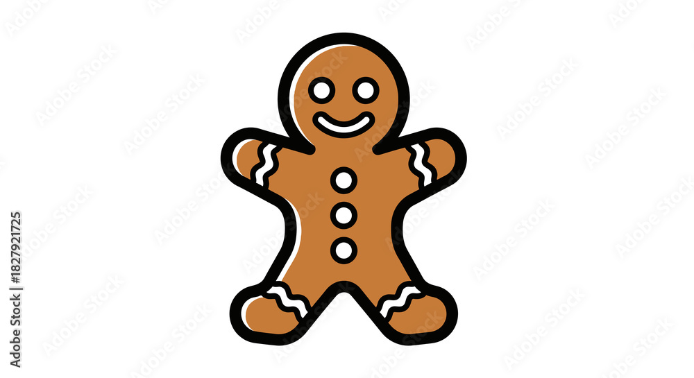 Obraz premium A simple cartoon illustration of a smiling gingerbread man cookie with white icing details, isolated on a white background.
