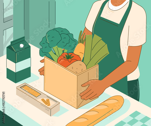 Woman unpacking groceries from store to prepare meals. Home cooking, grocery shopping, healthy eating concept. Isometric vector illustration.