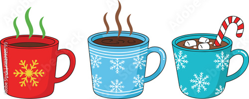 Cute winter hot chocolate mugs vector set featuring festive snowflake patterns, steaming drinks, marshmallows, and candy cane for cozy holiday designs.