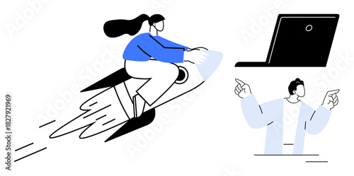 Woman on flying rocket heads toward laptop as man gestures at screen. Ideal for innovation, technology, success, teamwork, productivity, growth, startup concepts. Simple flat metaphor