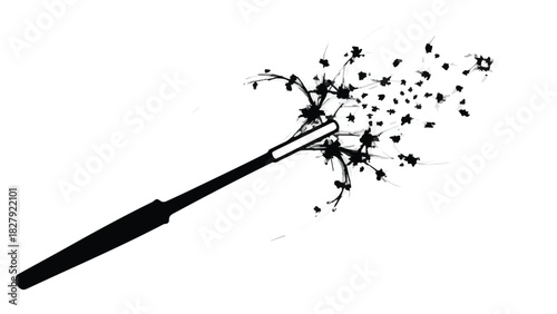Magical wand scattering sparkling particles and light against a white background