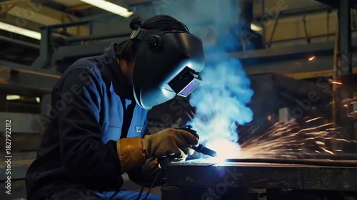 Professional female welder in a protective mask working with metal in a factory workshop. Industrial manufacturing process with bright blue light, sparks and smoke