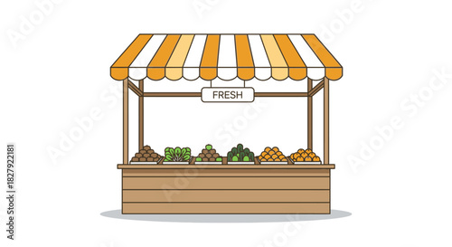 Fresh Produce Stand with Striped Awning and Assorted Fruits and Vegetables.