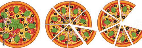 Delicious pizza top view vector illustration set featuring sliced and whole pizzas with olives, basil, cheese, and pepperoni toppings on white background.