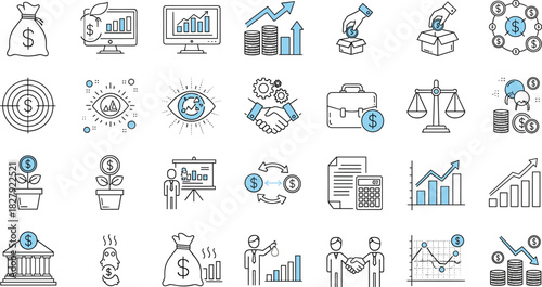 Large Collection of Line Icons Representing Finance, Investment, Business Success, Money Growth, Financial Analysis, Corporate Handshake, Economy, Statistics, and Accounting for Web and Print Design.