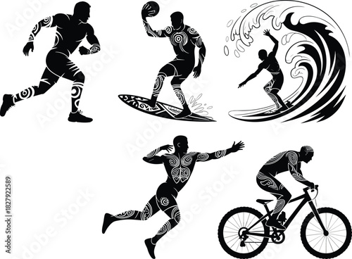 Vector Set of Athletes Featuring Tribal Tattoo Motifs While Running, Surfing Large Waves, Cycling, and Playing Water Polo, Representing Strength and Dynamic Sports Action.