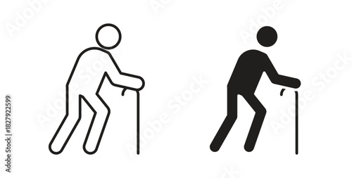 Person walking with cane icon in doodle and stroke style.