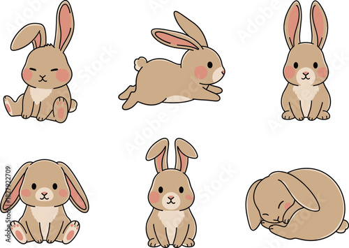 Adorable Cartoon Rabbit Vector Collection Showing Different Poses Including Sitting, Running, and Sleeping, Ideal for Easter Holiday, Springtime Designs, Pet Themes, and Children's Illustrations