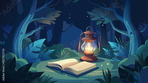 Illustration of an open book and a lantern in a dark forest with trees and foliage at night time