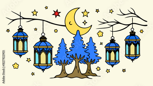 Illustration of night scene with moon stars trees and hanging lanterns on branches in cartoon style