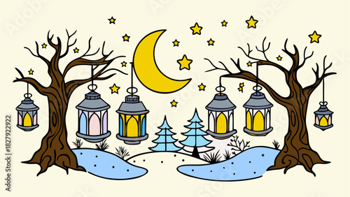 Illustration of a winter night scene with trees, moon, stars and hanging lanterns in cartoon style