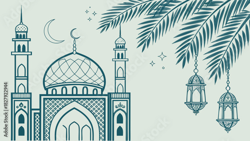 Illustration of a mosque with crescent moon, stars, palm leaves, and hanging lanterns design art