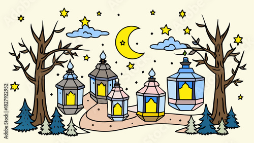 Illustration of lanterns under a crescent moon with trees clouds and stars in the night sky