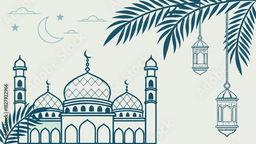 Illustration of a mosque with domes, minarets, crescent moon, stars, lanterns and palm leaves design
