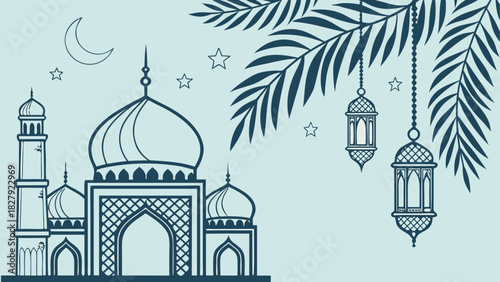 Illustration of a mosque with crescent moon stars palm leaves and hanging lanterns for ramadan kareem theme