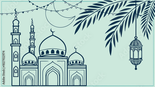 Illustration of a mosque with minarets and domes under a crescent moon and palm fronds with lantern